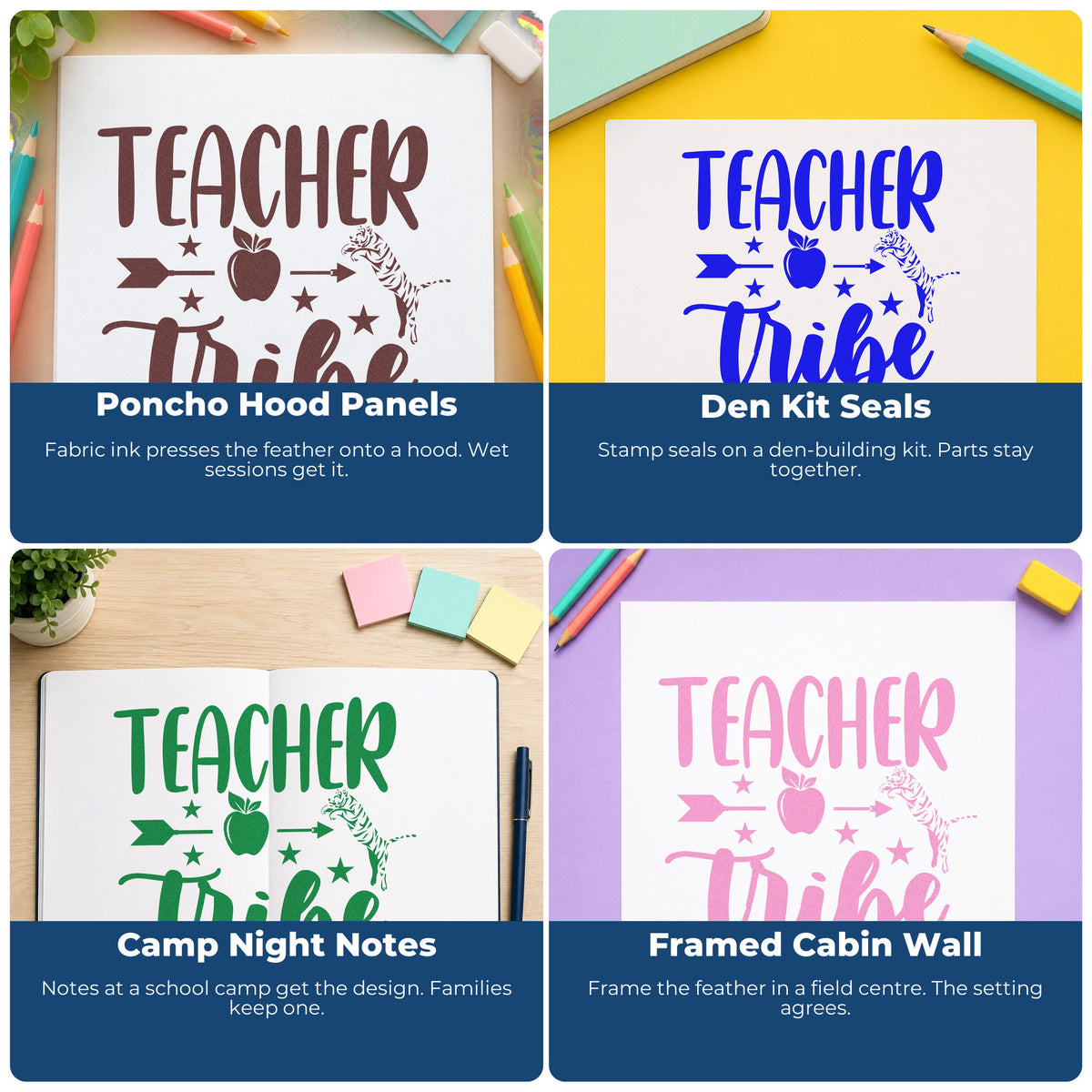 Four ways to use the Teacher Tribe Arrow Apple Wood-Mounted Rubber Stamp: poncho hood panels, den kit seals, camp night notes and framed cabin wall.
