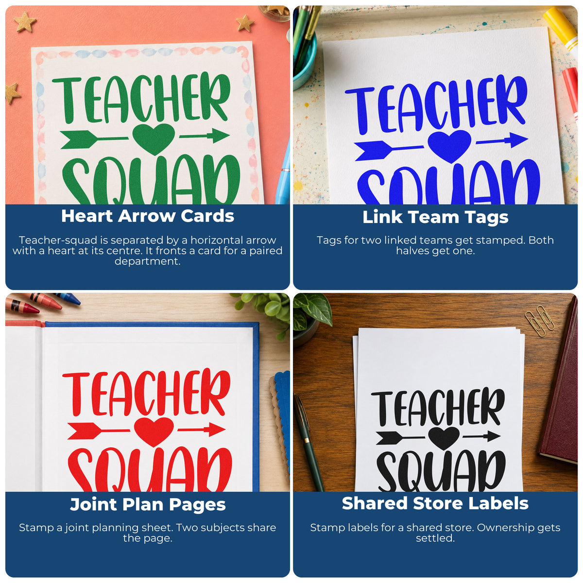 Four ways to use the Self-Inking Teacher Squad Heart Arrow Stamp: heart arrow cards, link team tags, joint plan pages and shared store labels.