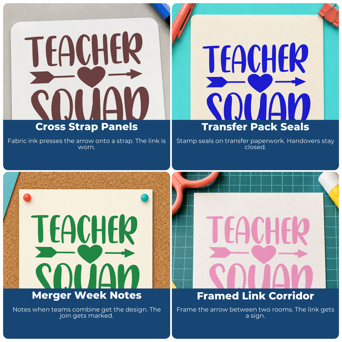 Four ways to use the Teacher Squad Heart Arrow Stamp – Duo Hand: cross strap panels, transfer pack seals, merger week notes and framed link corridor.