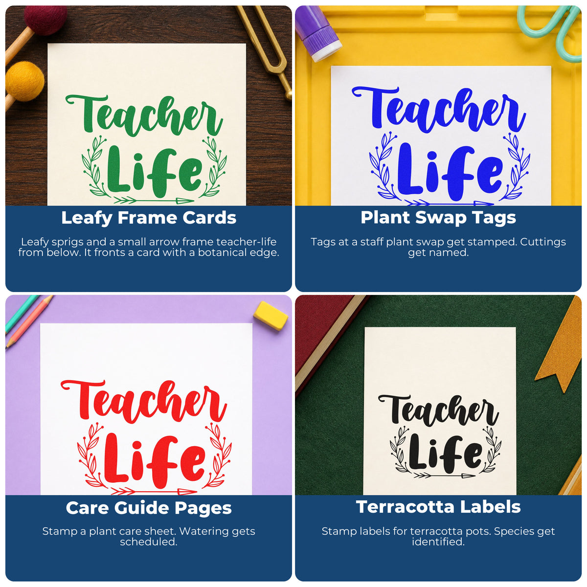 Four ways to use the Teacher Life Leafy Frame Stamp – Self-Inking: leafy frame cards, plant swap tags, care guide pages and terracotta labels.
