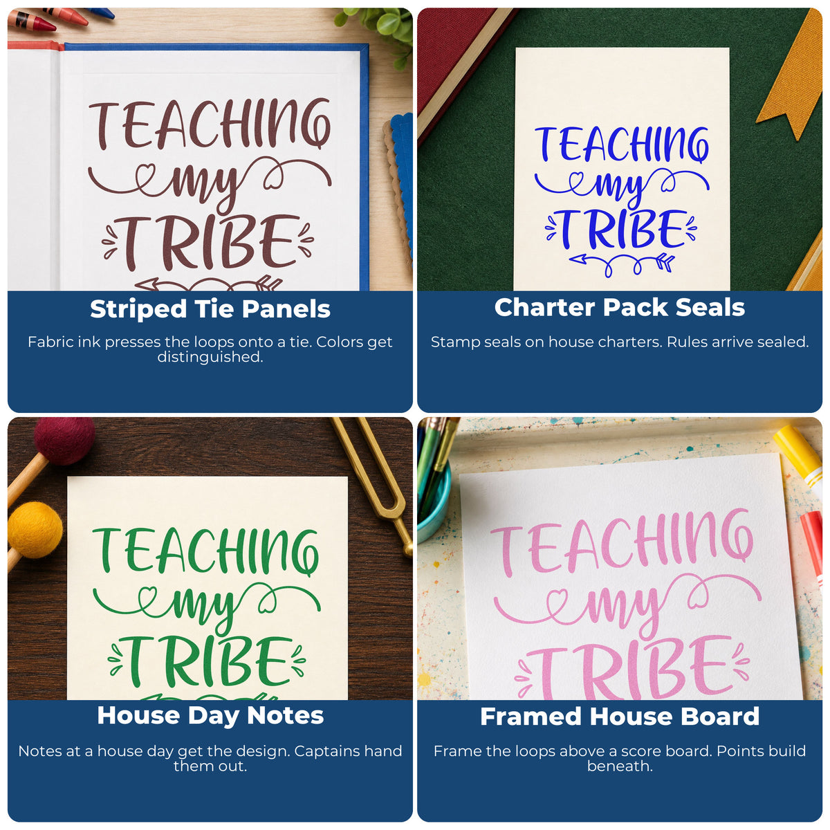 Four ways to use the Teaching My Tribe Flourishes Premium Wood-Mounted Stamp - Vintage Pro: striped tie panels, charter pack seals, house day notes and framed house board.