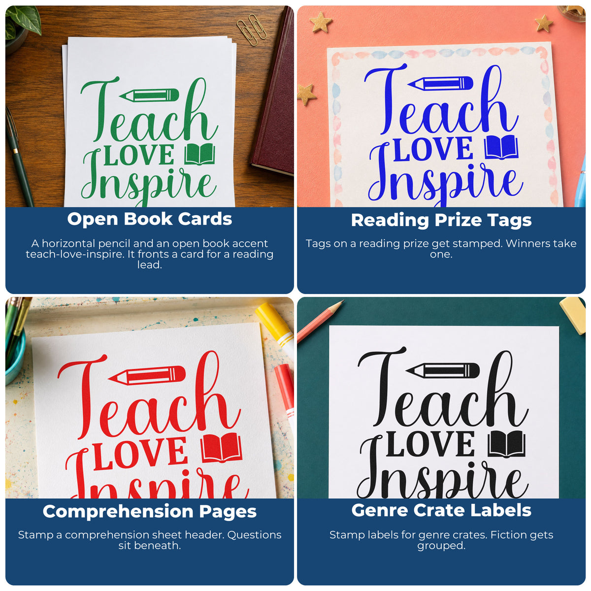 Four ways to use the Teach Love Inspire Book Pre-Inked Stamp – Slim: open book cards, reading prize tags, comprehension pages and genre crate labels.