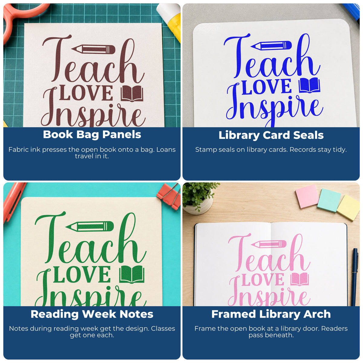 Four ways to use the Teach Love Inspire Book Craft Stamp – Self-Inking: book bag panels, library card seals, reading week notes and framed library arch.