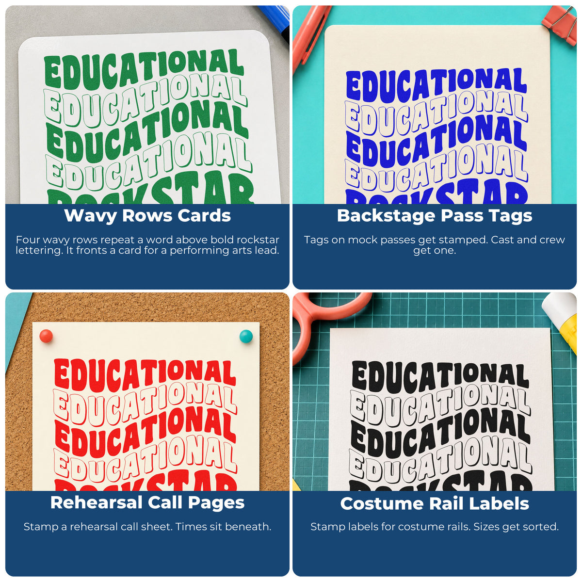 Four ways to use the Educational Rockstar Repeated Waves Wood Handle Stamp: wavy rows cards, backstage pass tags, rehearsal call pages and costume rail labels.