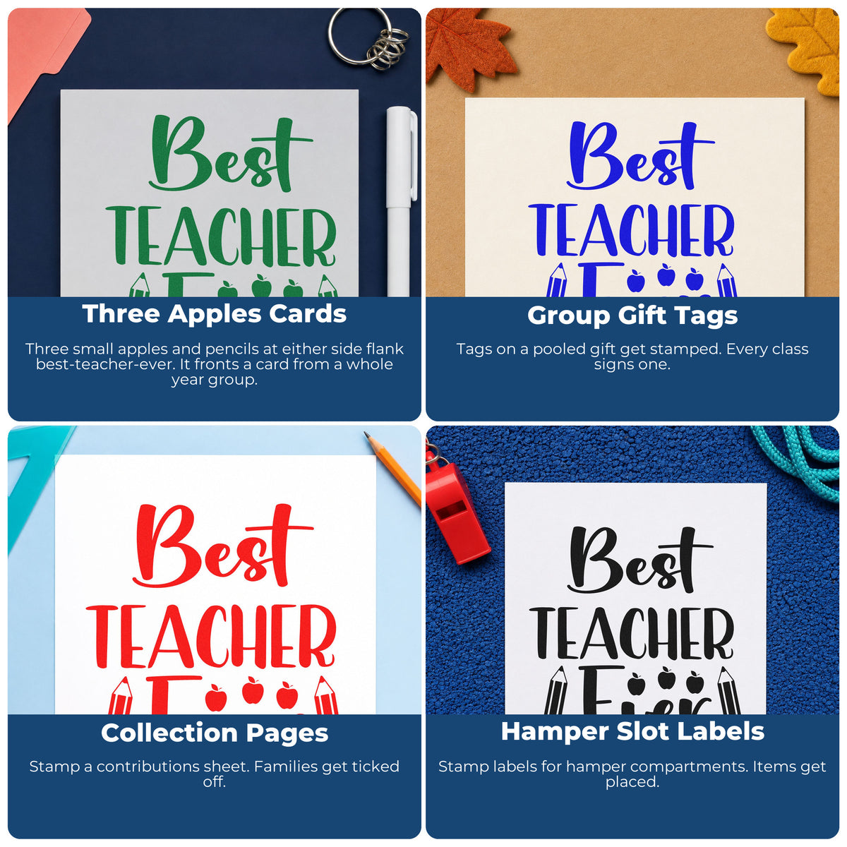 Four ways to use the Vintage Pro Best Teacher Ever Pencils Premium Wooden Stamp: three apples cards, group gift tags, collection pages and hamper slot labels.