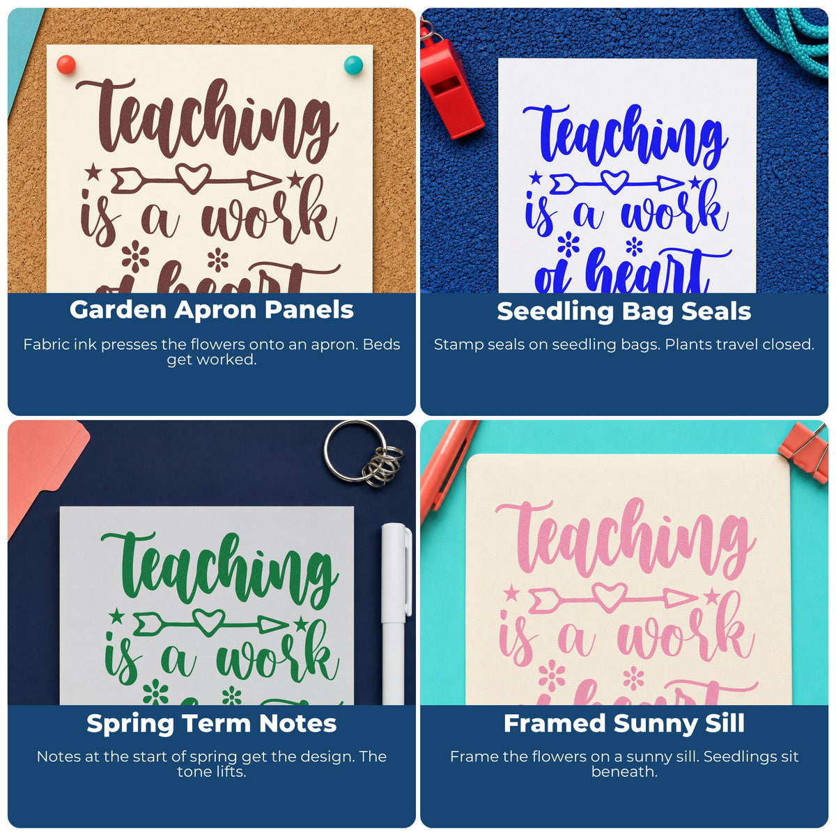 Four ways to use the Teaching Work Of Heart Arrow Stamp – Self-Inking: garden apron panels, seedling bag seals, spring term notes and framed sunny sill.