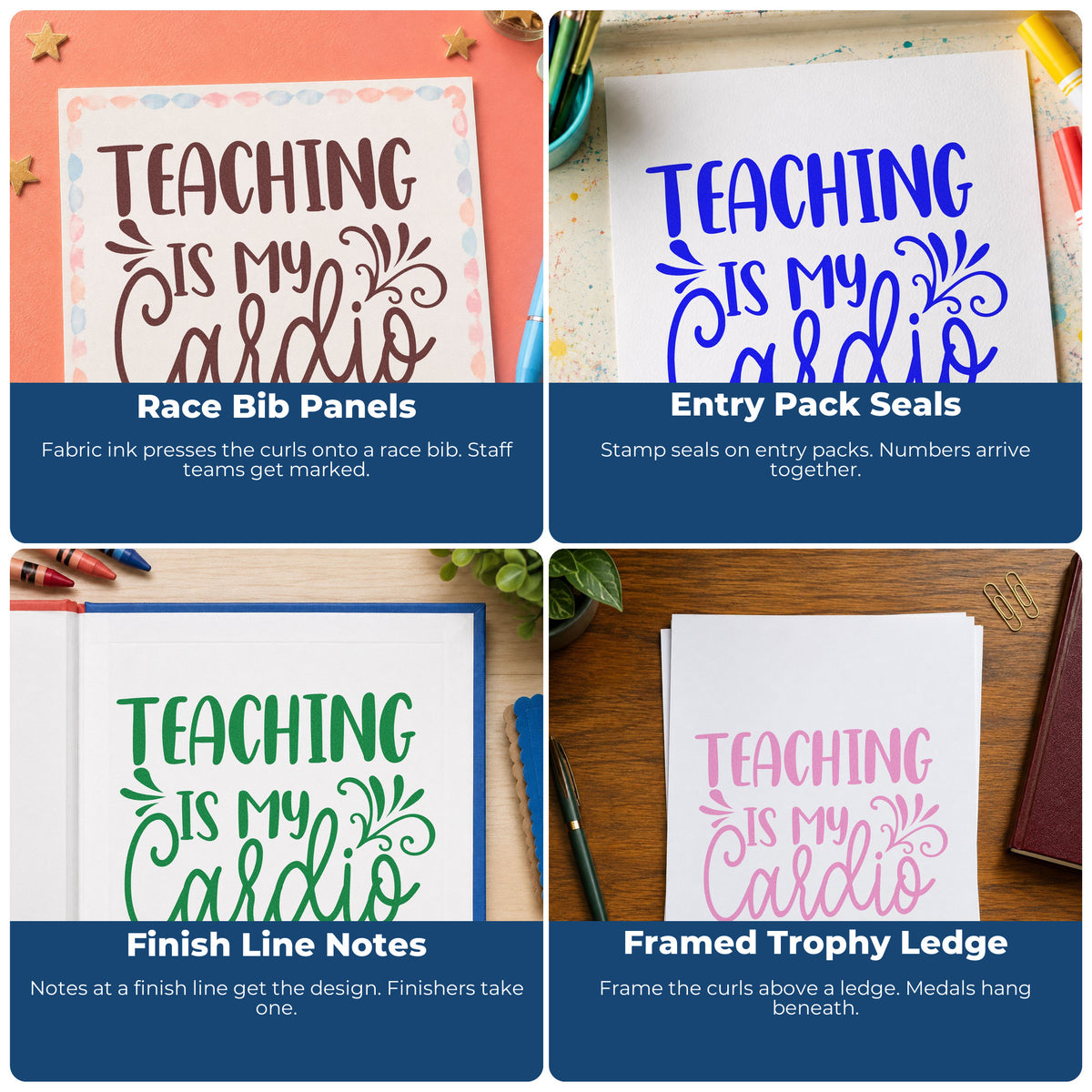 Four ways to use the Teaching Is My Cardio Flourishes Hand Stamp – Duo: race bib panels, entry pack seals, finish line notes and framed trophy ledge.