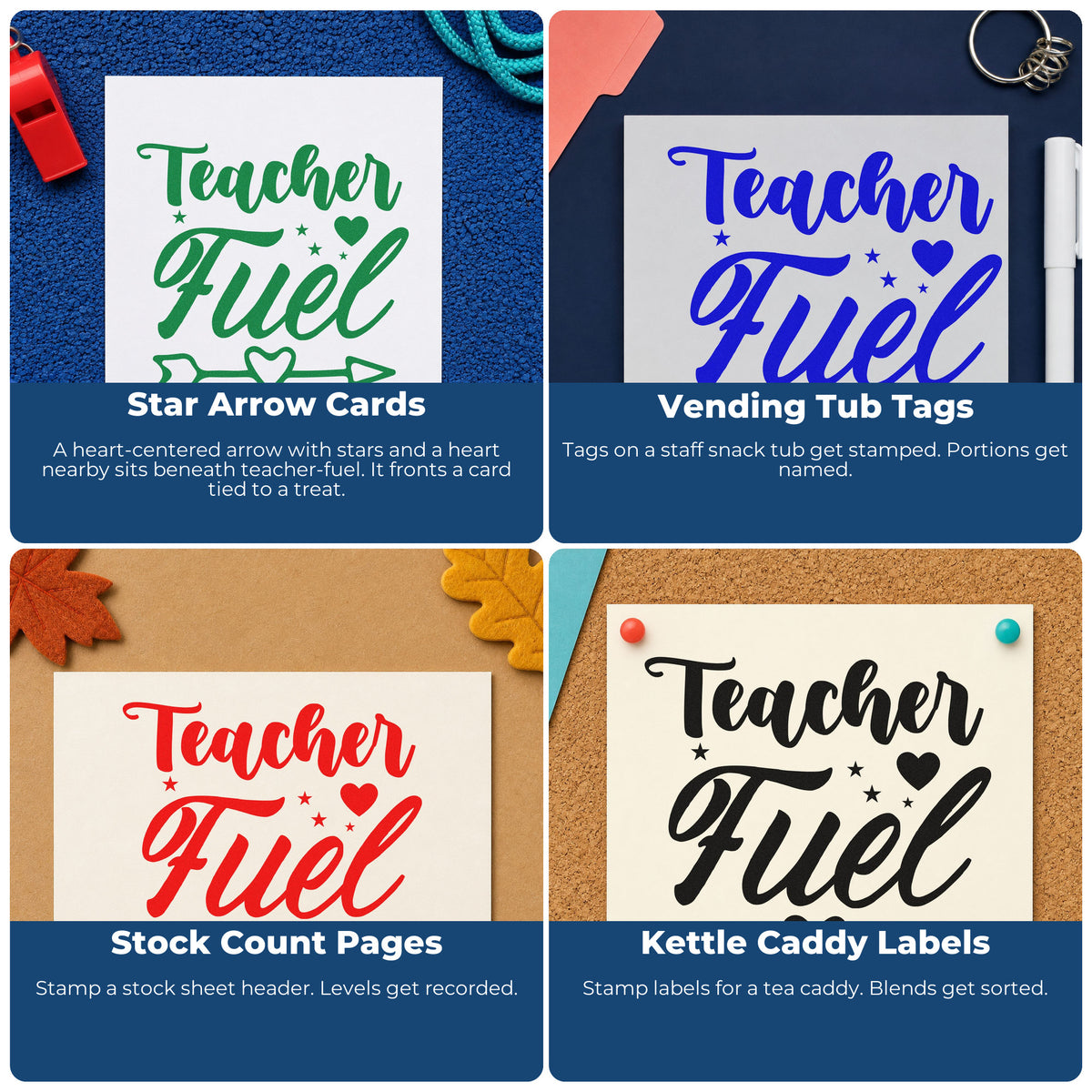 Four ways to use the Premium Wooden Teacher Fuel Heart Arrow With Stars Stamp - Vintage Pro: star arrow cards, vending tub tags, stock count pages and kettle caddy labels.