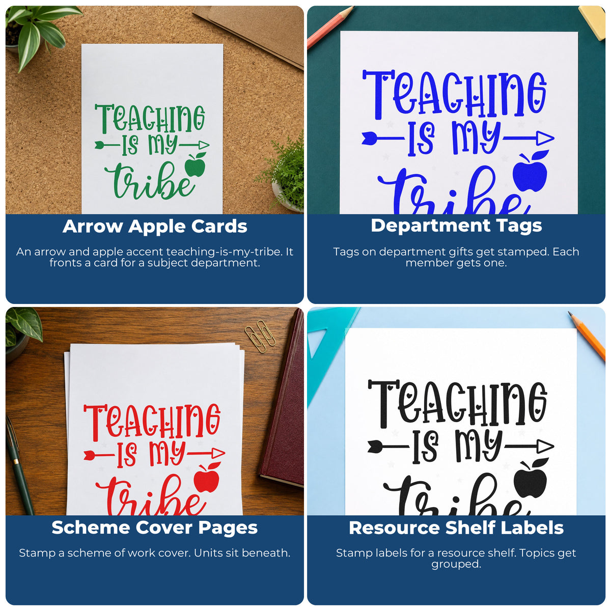 Four ways to use the Teaching Is My Tribe Hand Stamp – Duo: arrow apple cards, department tags, scheme cover pages and resource shelf labels.
