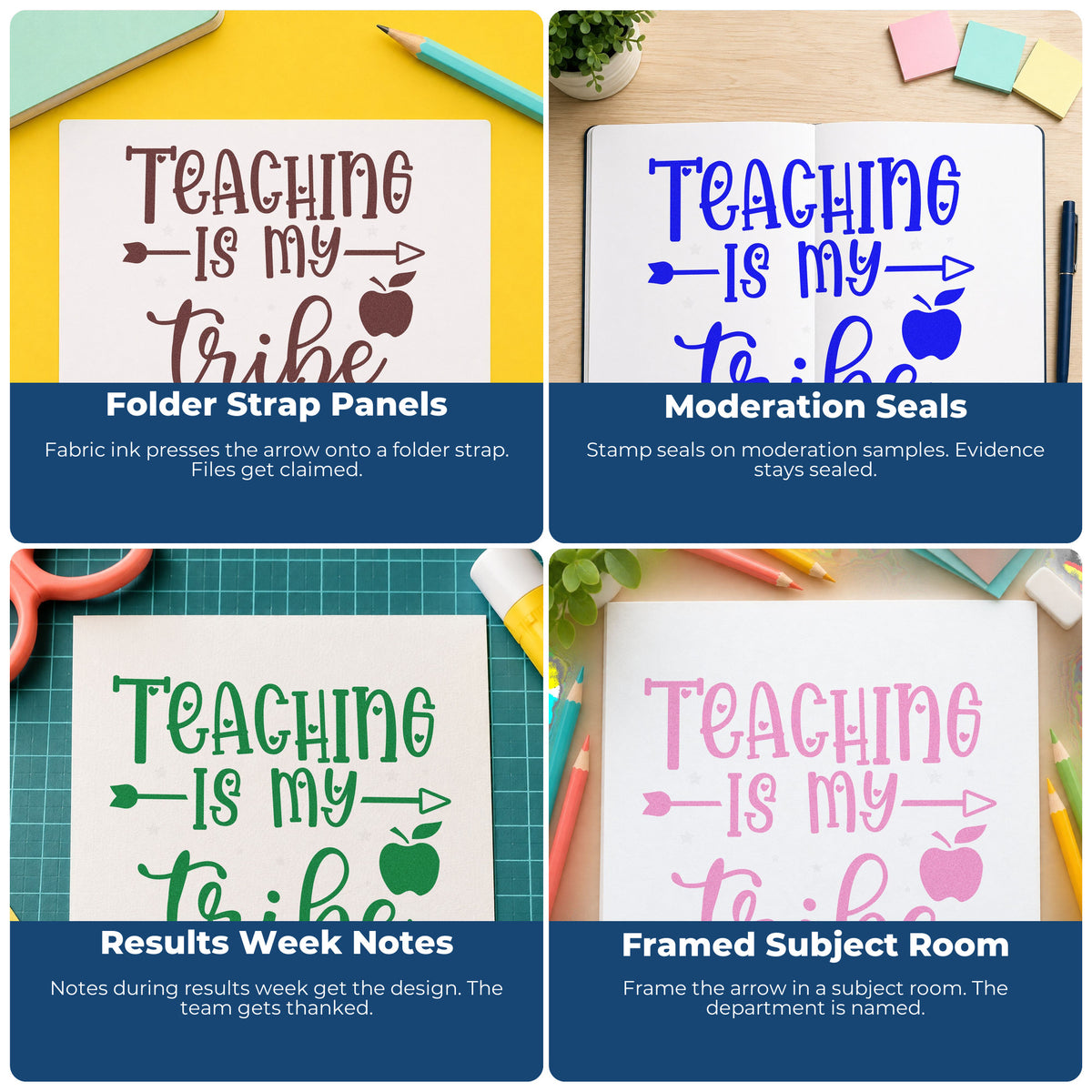 Four ways to use the Teaching Is My Tribe Rubber Stamp – Wood Handle: folder strap panels, moderation seals, results week notes and framed subject room.