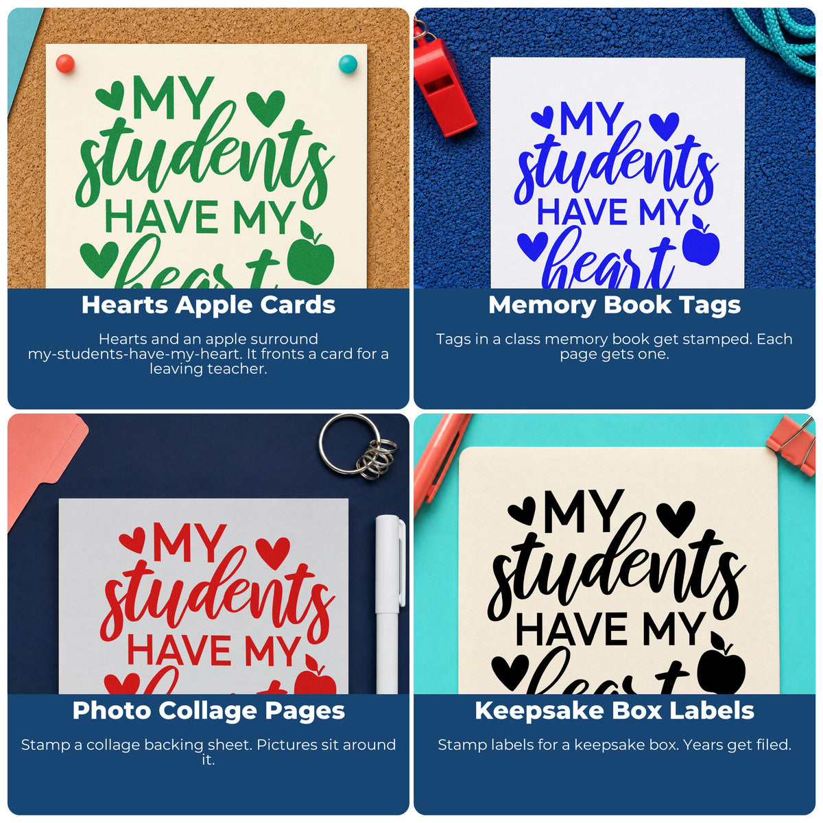 Four ways to use the My Students My Heart Apple Lettering Wood-Mounted Rubber Stamp: hearts apple cards, memory book tags, photo collage pages and keepsake box labels.