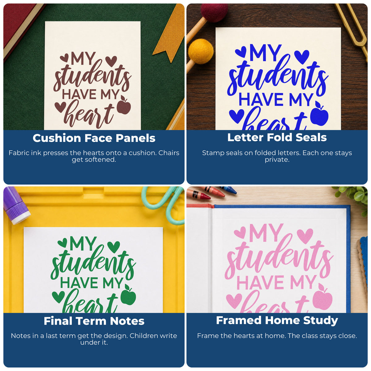 Four ways to use the My Students My Heart Apple Lettering PSI Pre-Inked Stamp: cushion face panels, letter fold seals, final term notes and framed home study.