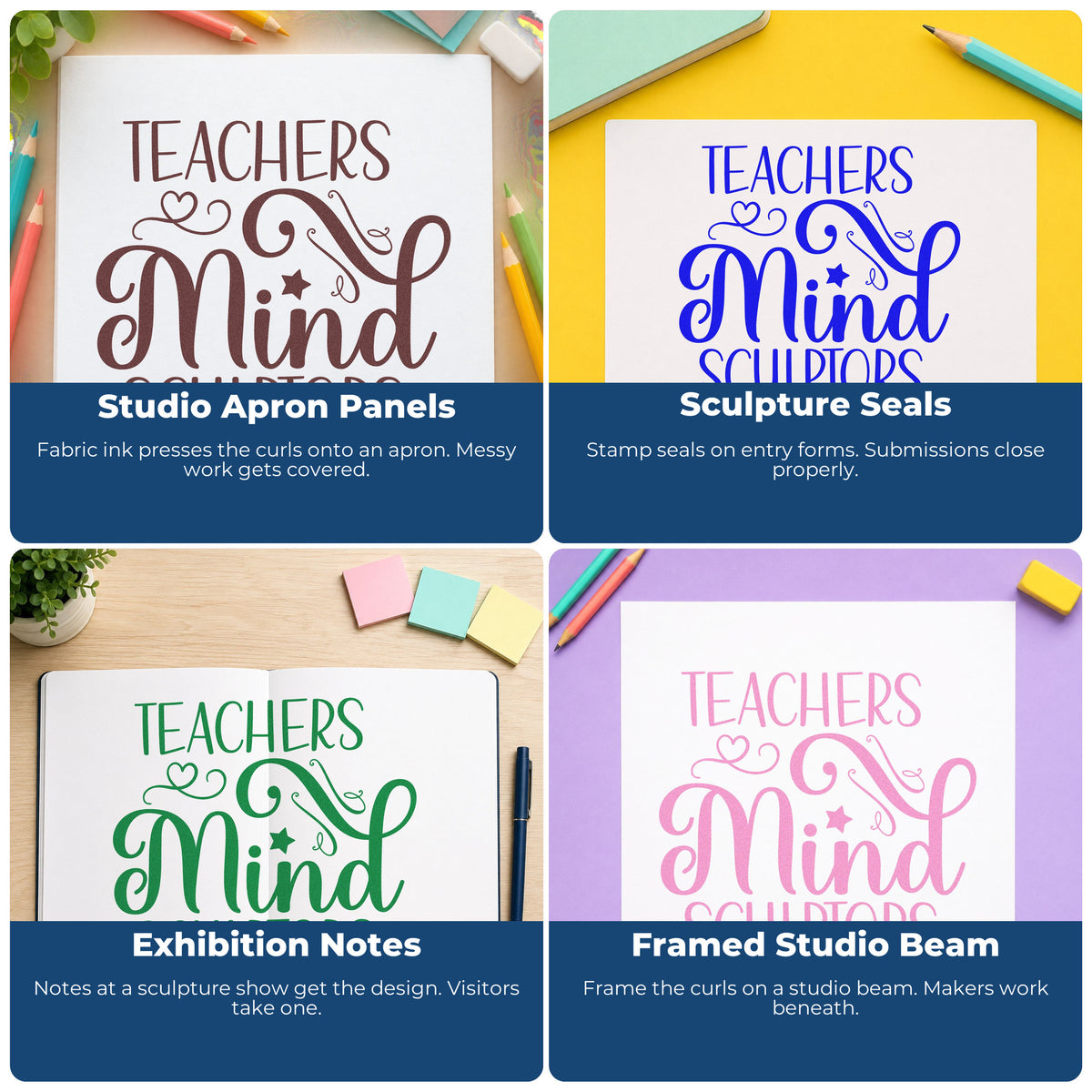 Four ways to use the Teachers Mind Sculptors With Stars Rubber Stamp – Wood Handle: studio apron panels, sculpture seals, exhibition notes and framed studio beam.
