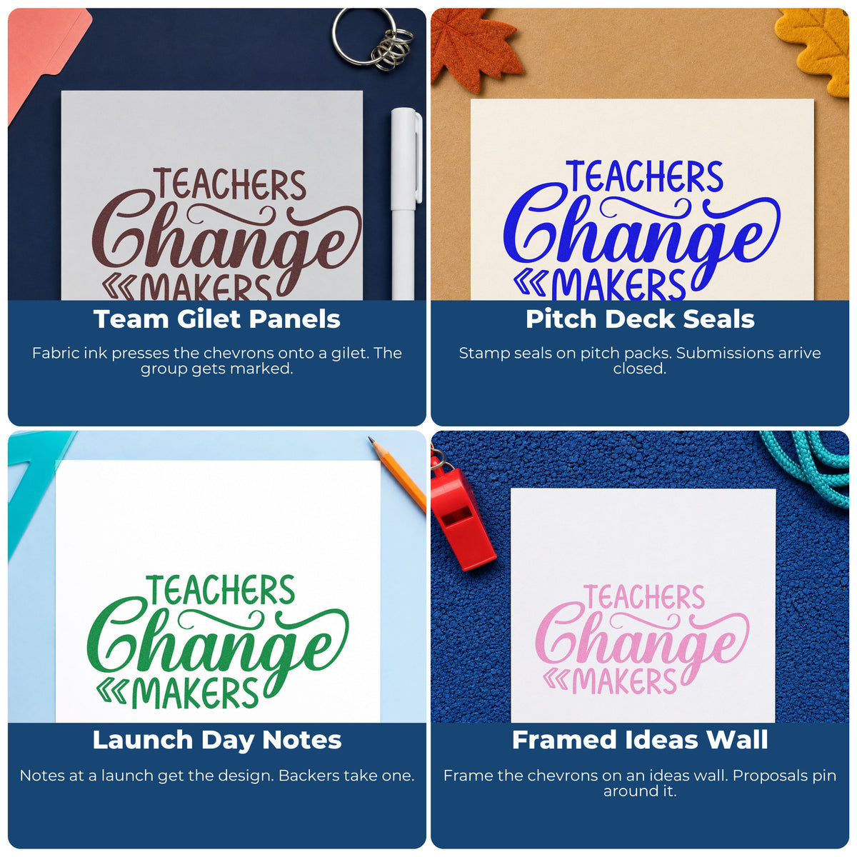 Four ways to use the Duo Hand Teachers Change Makers Script Lettering Rubber Stamp: team gilet panels, pitch deck seals, launch day notes and framed ideas wall.