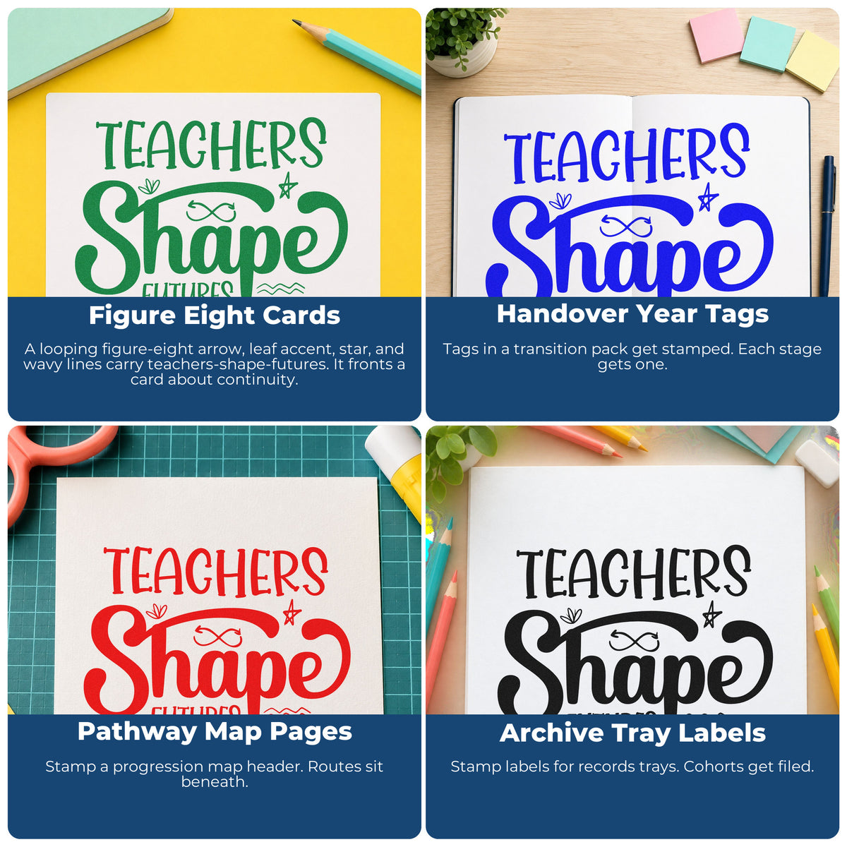 Four ways to use the Figure-Eight Arrow Teachers Shape Futures Rubber Stamp – Wood Handle: figure eight cards, handover year tags, pathway map pages and archive tray labels.