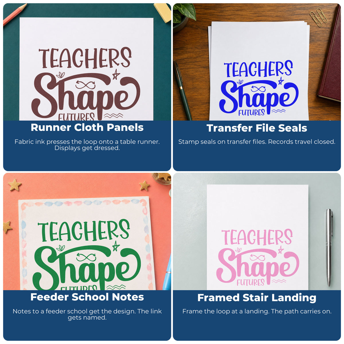 Four ways to use the Figure-Eight Arrow Teachers Shape Futures PSI Pre-Inked Stamp: runner cloth panels, transfer file seals, feeder school notes and framed stair landing.