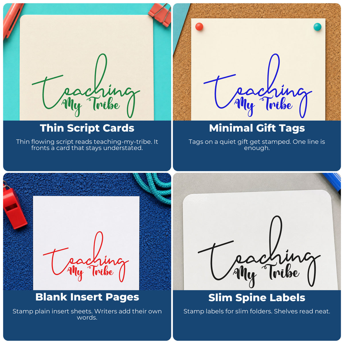 Four ways to use the Teaching My Tribe Pre-Inked Stamp – PSI: thin script cards, minimal gift tags, blank insert pages and slim spine labels.