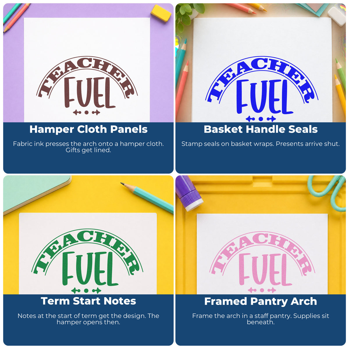Four ways to use the Teacher Fuel With Small Ornaments Hand Stamp – Duo: hamper cloth panels, basket handle seals, term start notes and framed pantry arch.