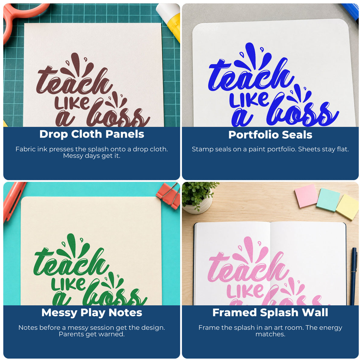 Four ways to use the Teach Like A Boss Flowing Script Stamp – Wood Handle: drop cloth panels, portfolio seals, messy play notes and framed splash wall.