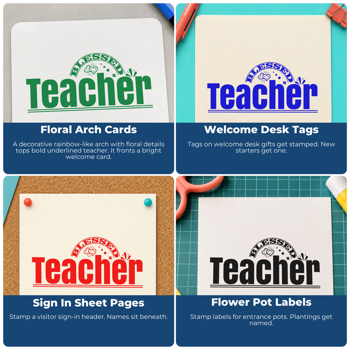 Four ways to use the Teacher Rainbow And Flowers Hand Stamp – Duo: floral arch cards, welcome desk tags, sign in sheet pages and flower pot labels.