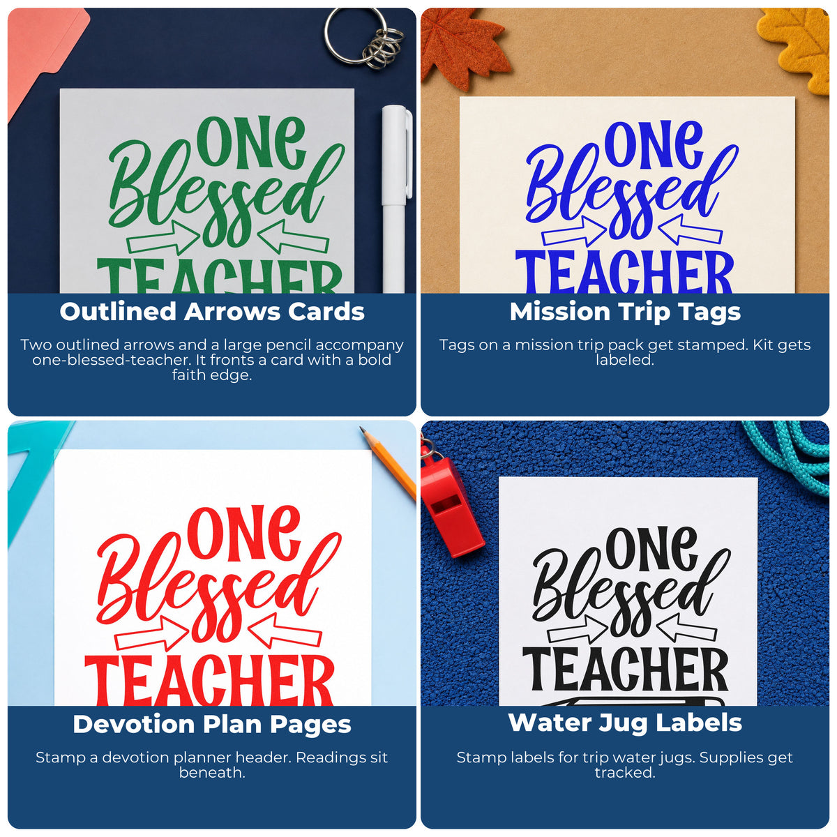 Four ways to use the One Blessed Teacher Pencil Arrow Slim Pre-Inked Stamp: outlined arrows cards, mission trip tags, devotion plan pages and water jug labels.
