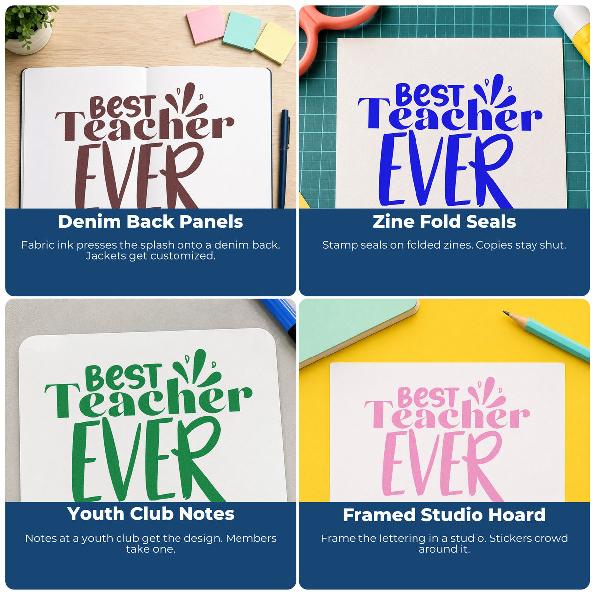 Four ways to use the Best Teacher Ever Splash Stamp – Self-Inking: denim back panels, zine fold seals, youth club notes and framed studio hoard.
