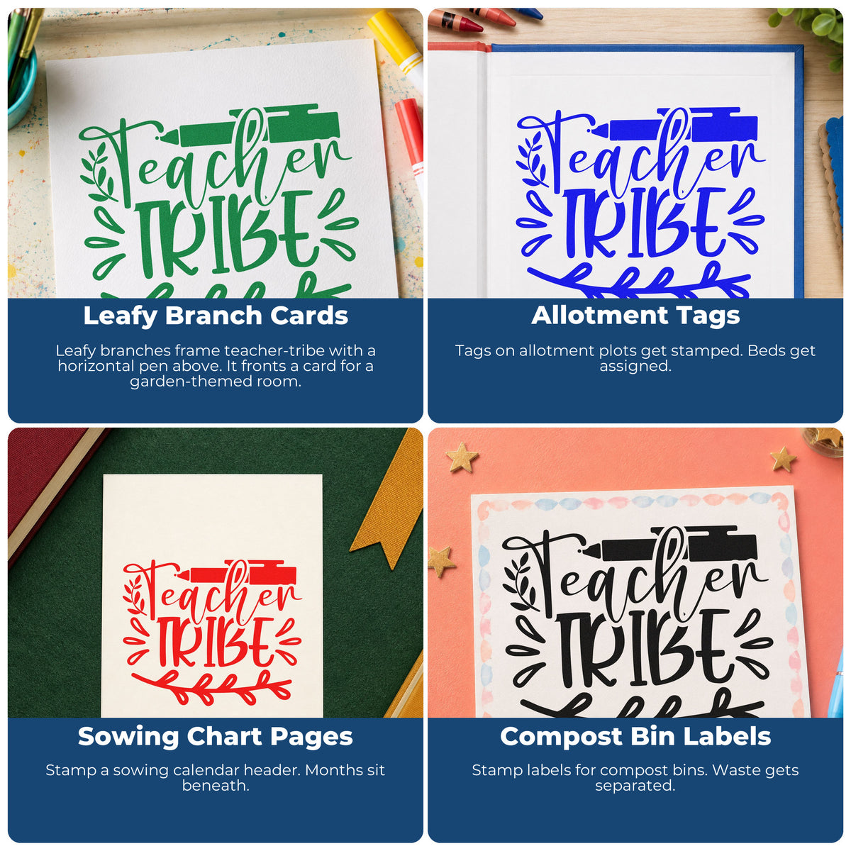 Four ways to use the Teacher Tribe Pen And Leaves Rubber Stamp – Wood Handle: leafy branch cards, allotment tags, sowing chart pages and compost bin labels.
