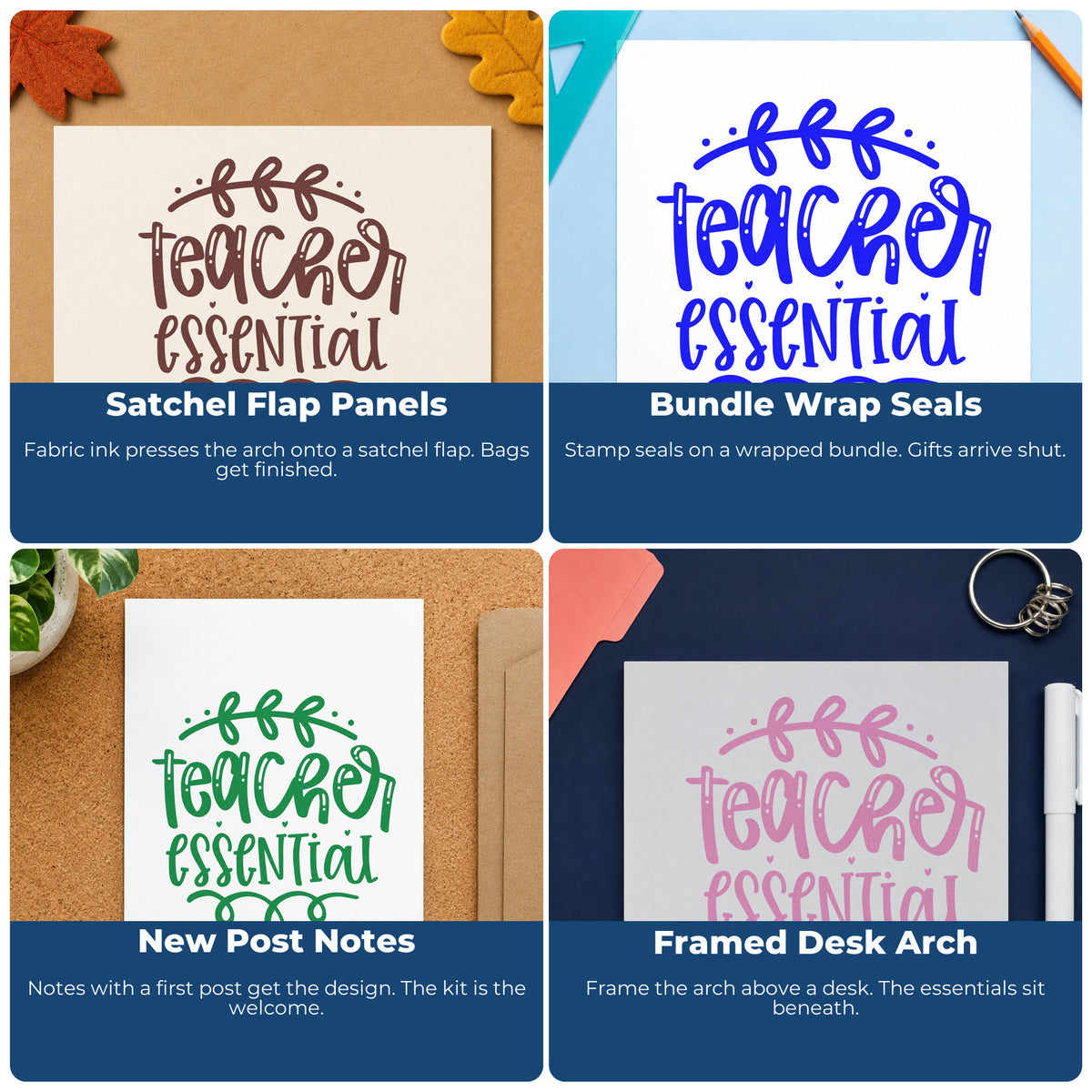 Four ways to use the Teacher Essential Leafy Flourished Lettering Self-Inking Craft Stamp: satchel flap panels, bundle wrap seals, new post notes and framed desk arch.