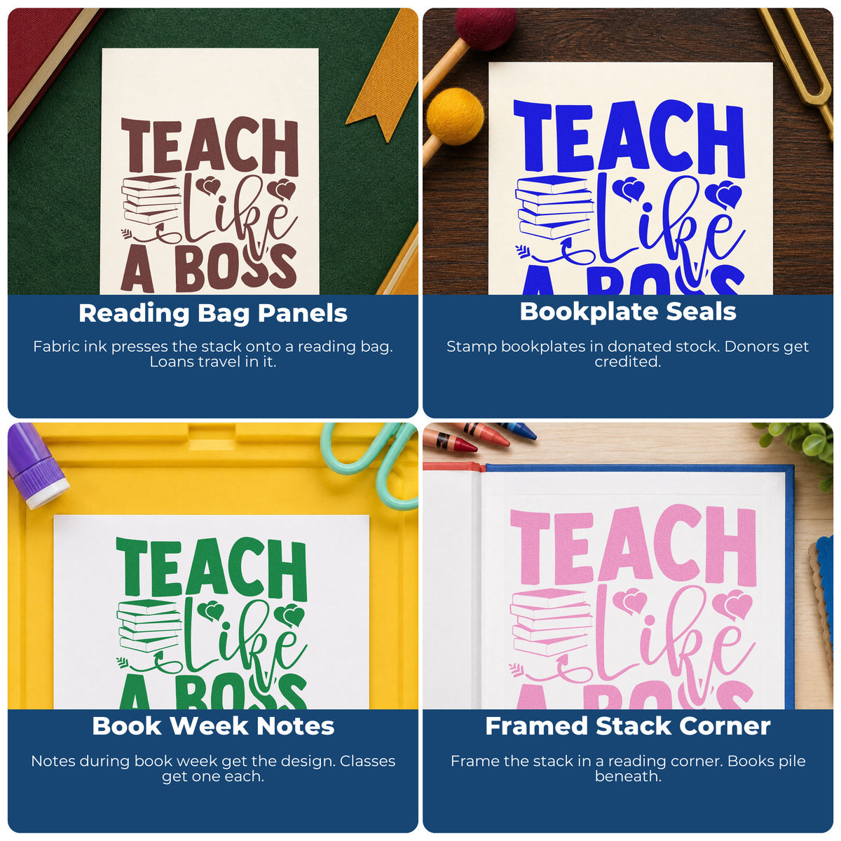 Four ways to use the Teach Like A Boss Books With Hearts Rubber Stamp – Wood Handle: reading bag panels, bookplate seals, book week notes and framed stack corner.