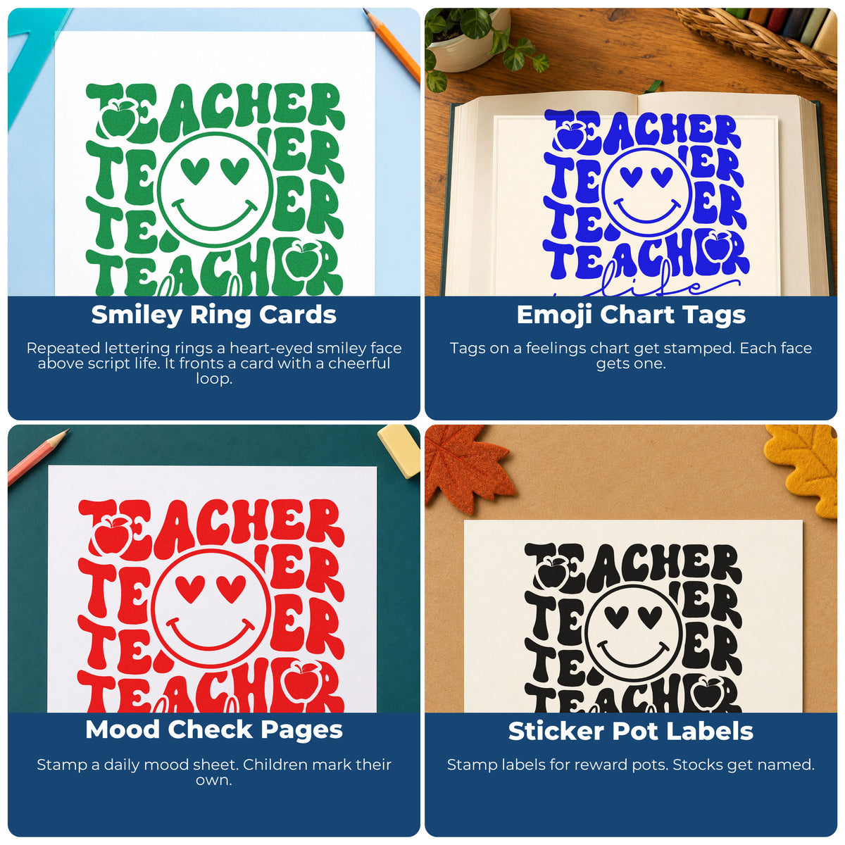 Four ways to use the Wood Handle Teacher Life Smiley Repeat Rubber Stamp: smiley ring cards, emoji chart tags, mood check pages and sticker pot labels.
