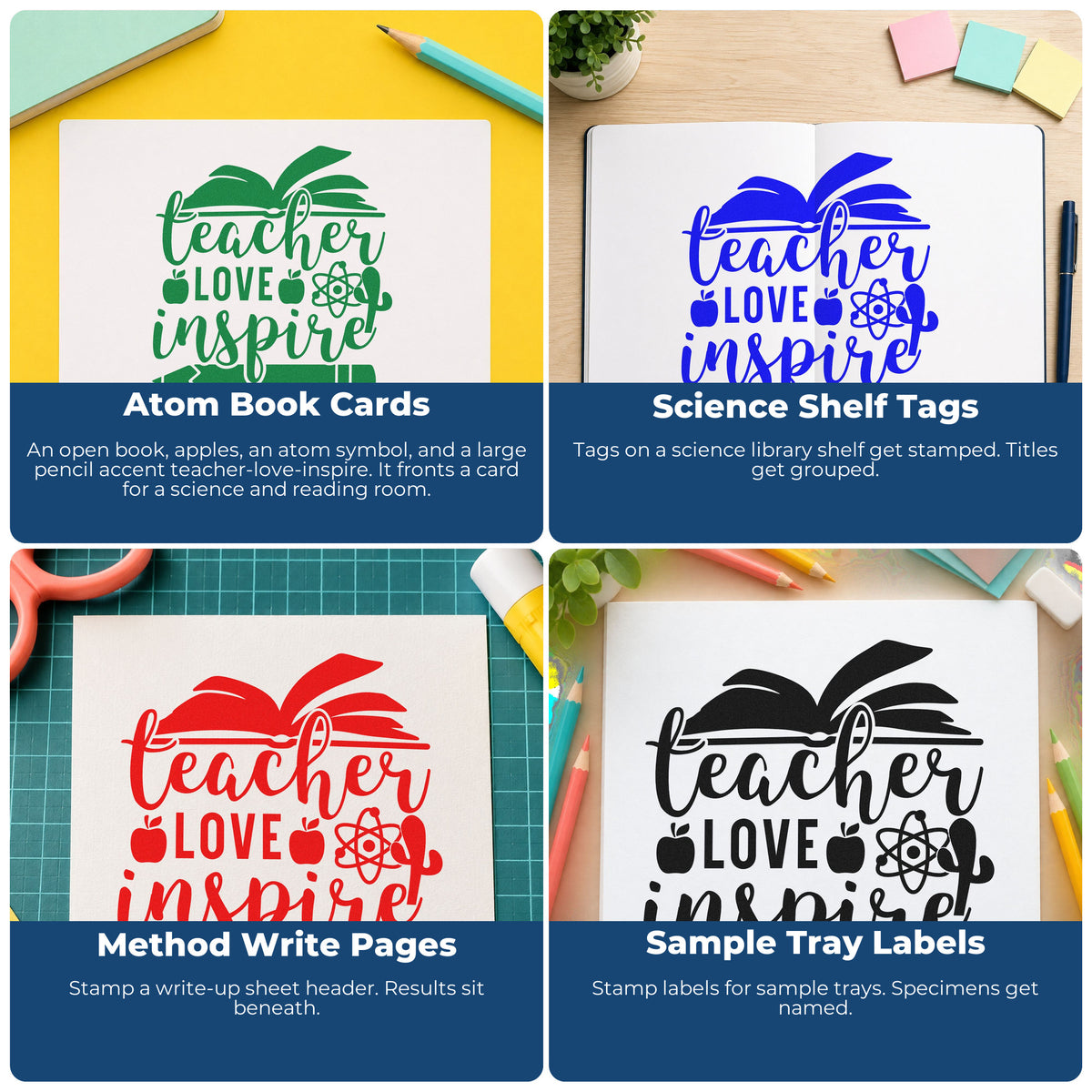 Four ways to use the Teacher Love Inspire Learning Icons Apple Stamp - Premium Vintage Pro Wooden: atom book cards, science shelf tags, method write pages and sample tray labels.