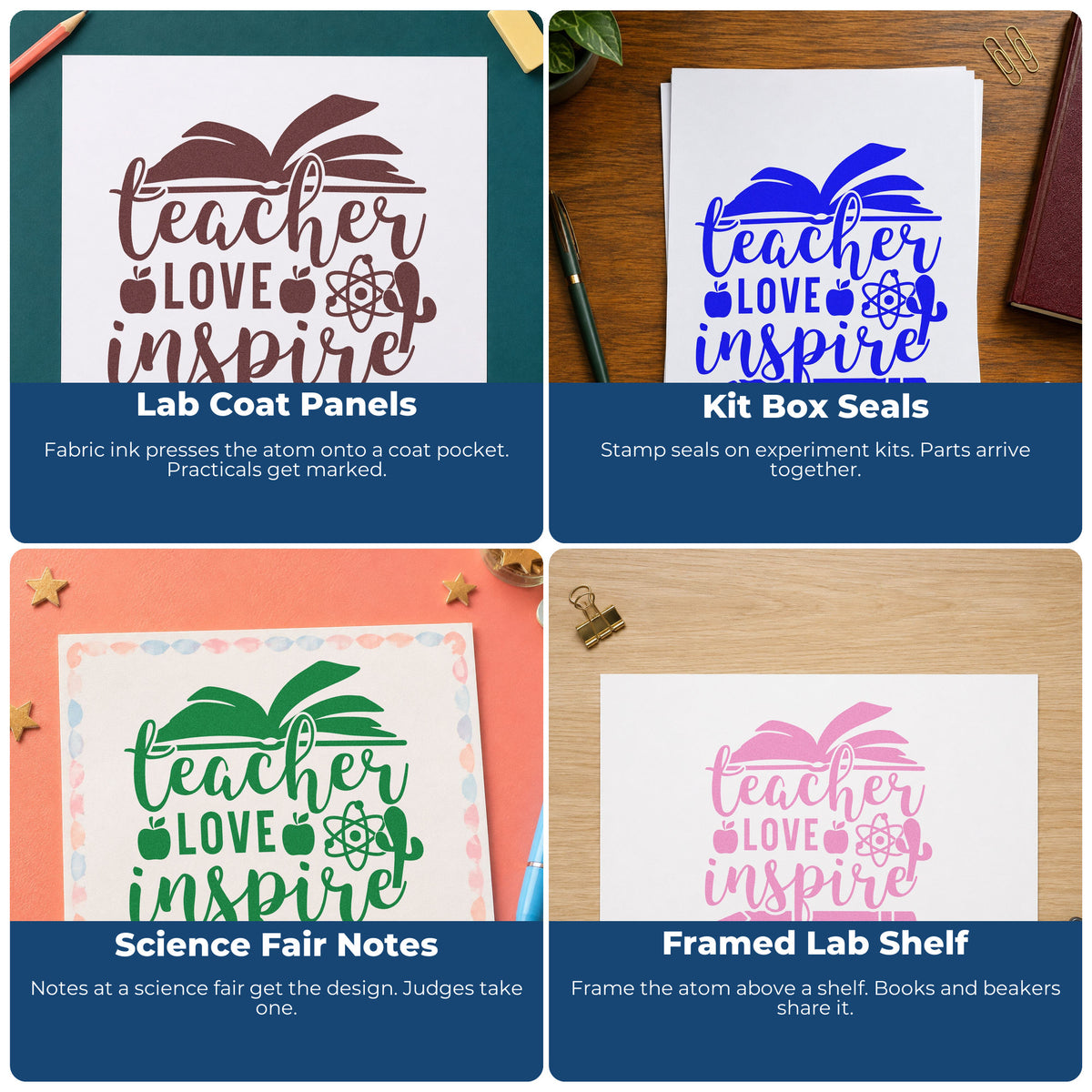 Four ways to use the Teacher Love Inspire Learning Icons Apple Slim Pre-Inked Stamp: lab coat panels, kit box seals, science fair notes and framed lab shelf.