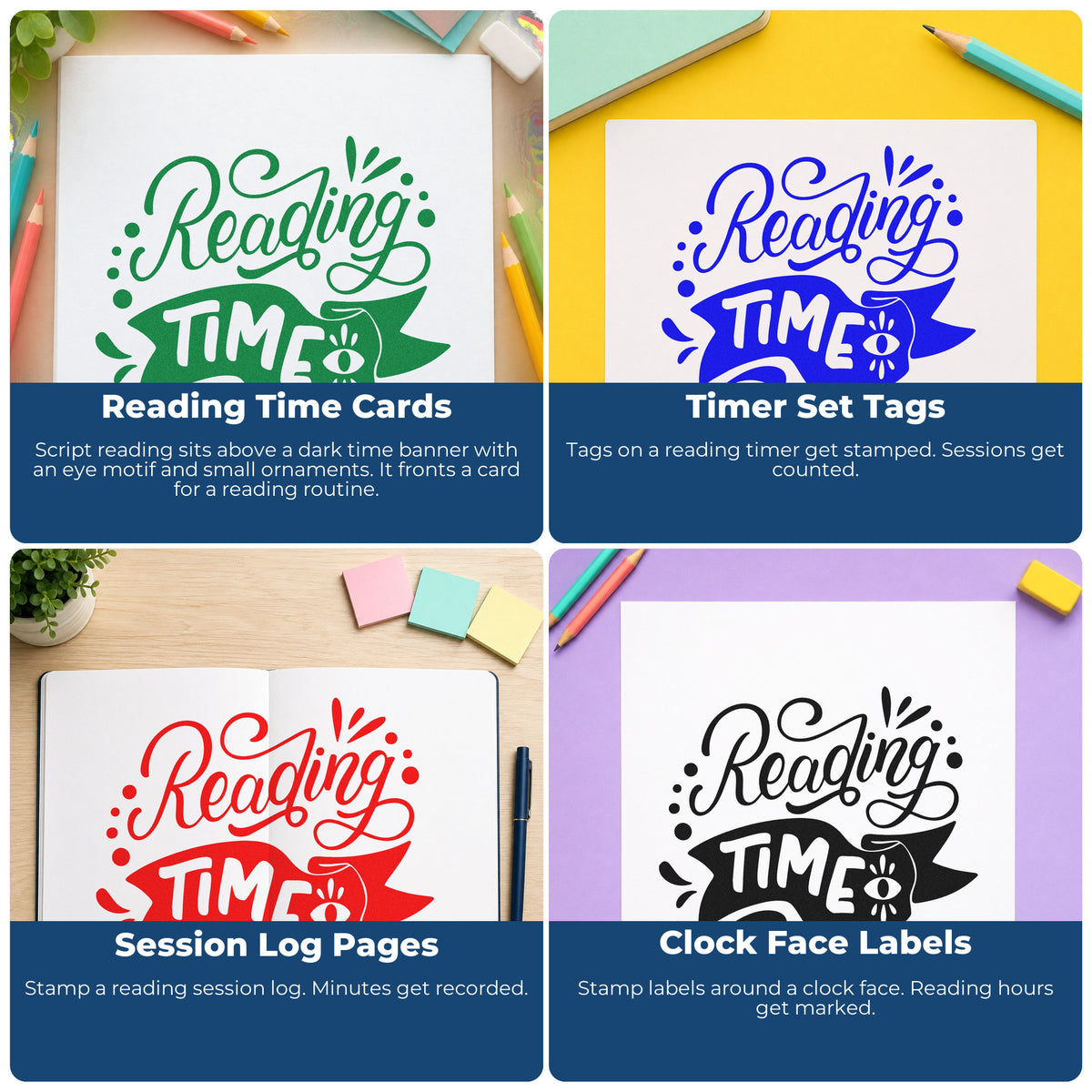 Four ways to use the Eye Motif With Reading Time Script Hand Stamp – Duo: reading time cards, timer set tags, session log pages and clock face labels.