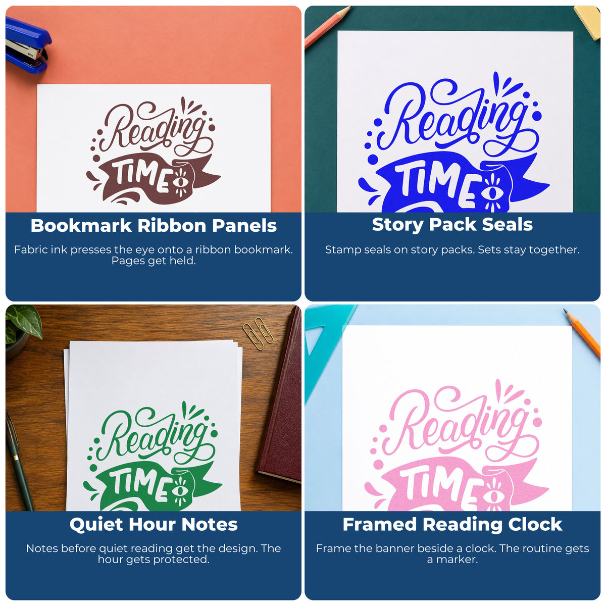 Four ways to use the Eye Motif With Reading Time Script Hand Stamp – Duo: bookmark ribbon panels, story pack seals, quiet hour notes and framed reading clock.