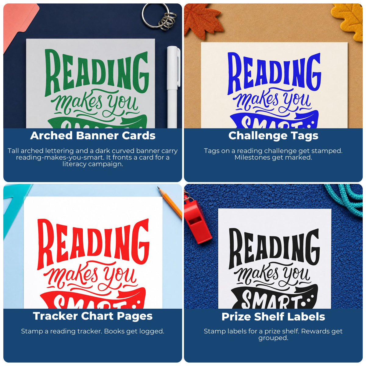 Four ways to use the Reading Makes You Smart Rubber Stamp – Duo Hand: arched banner cards, challenge tags, tracker chart pages and prize shelf labels.