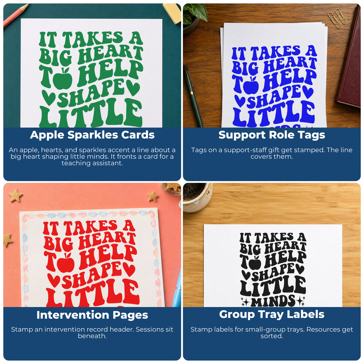 Four ways to use the Big Heart Shape Little Minds Stamp - Premium Vintage Pro Wooden: apple sparkles cards, support role tags, intervention pages and group tray labels.
