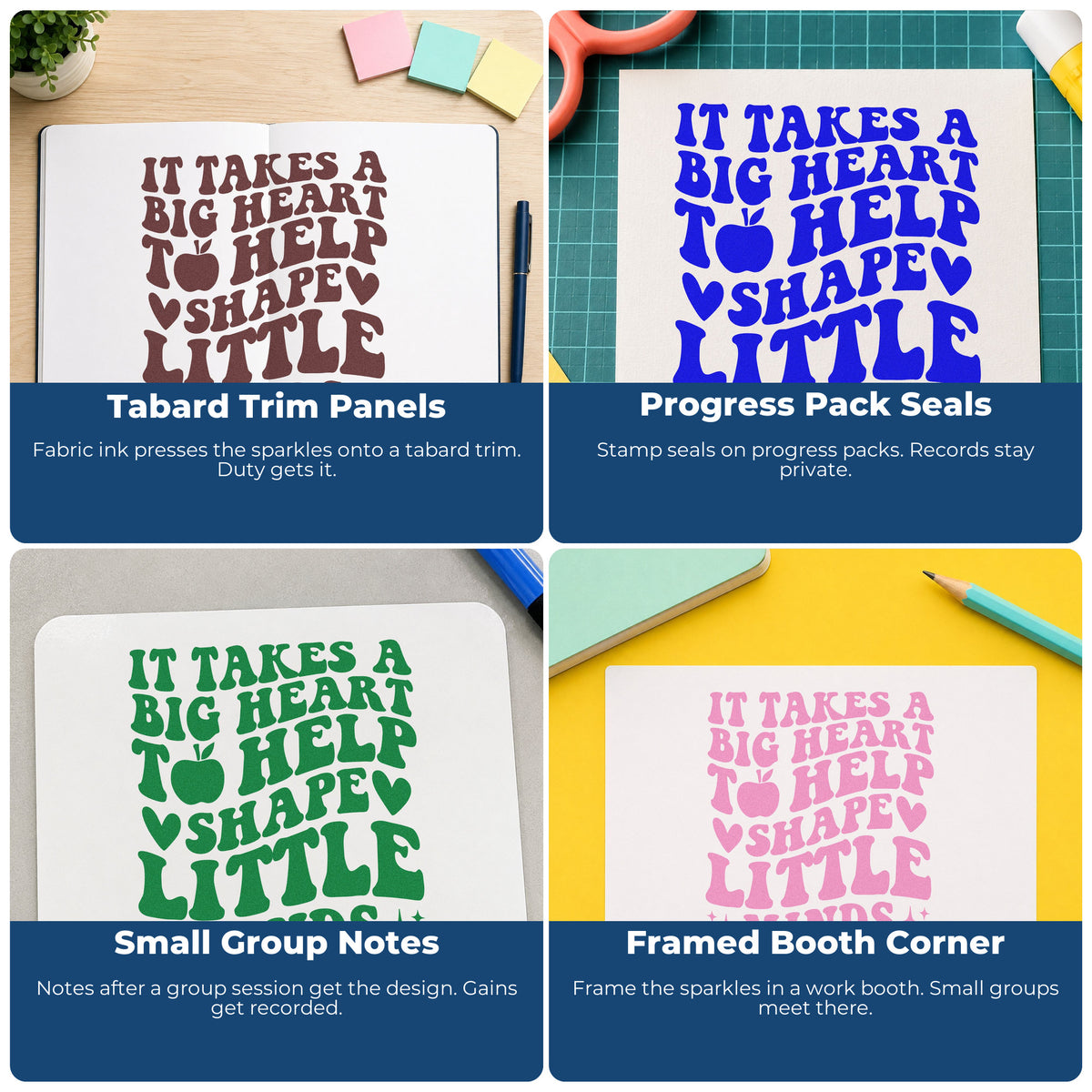 Four ways to use the Duo Hand Big Heart Shape Little Minds Rubber Stamp: tabard trim panels, progress pack seals, small group notes and framed booth corner.