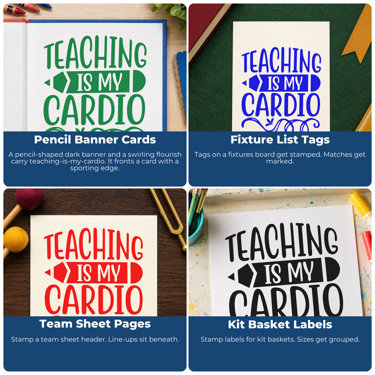 Four ways to use the Teaching Cardio Pencil Banner Rubber Stamp – Wood Handle: pencil banner cards, fixture list tags, team sheet pages and kit basket labels.