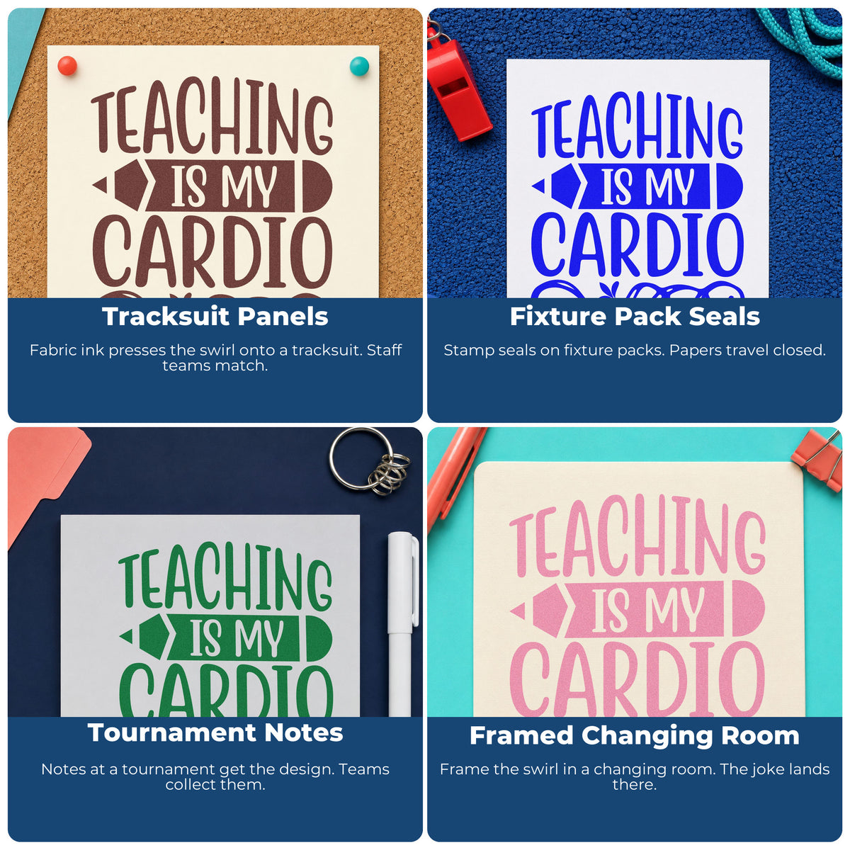 Four ways to use the Teaching Cardio Pencil Banner Stamp – Self-Inking: tracksuit panels, fixture pack seals, tournament notes and framed changing room.