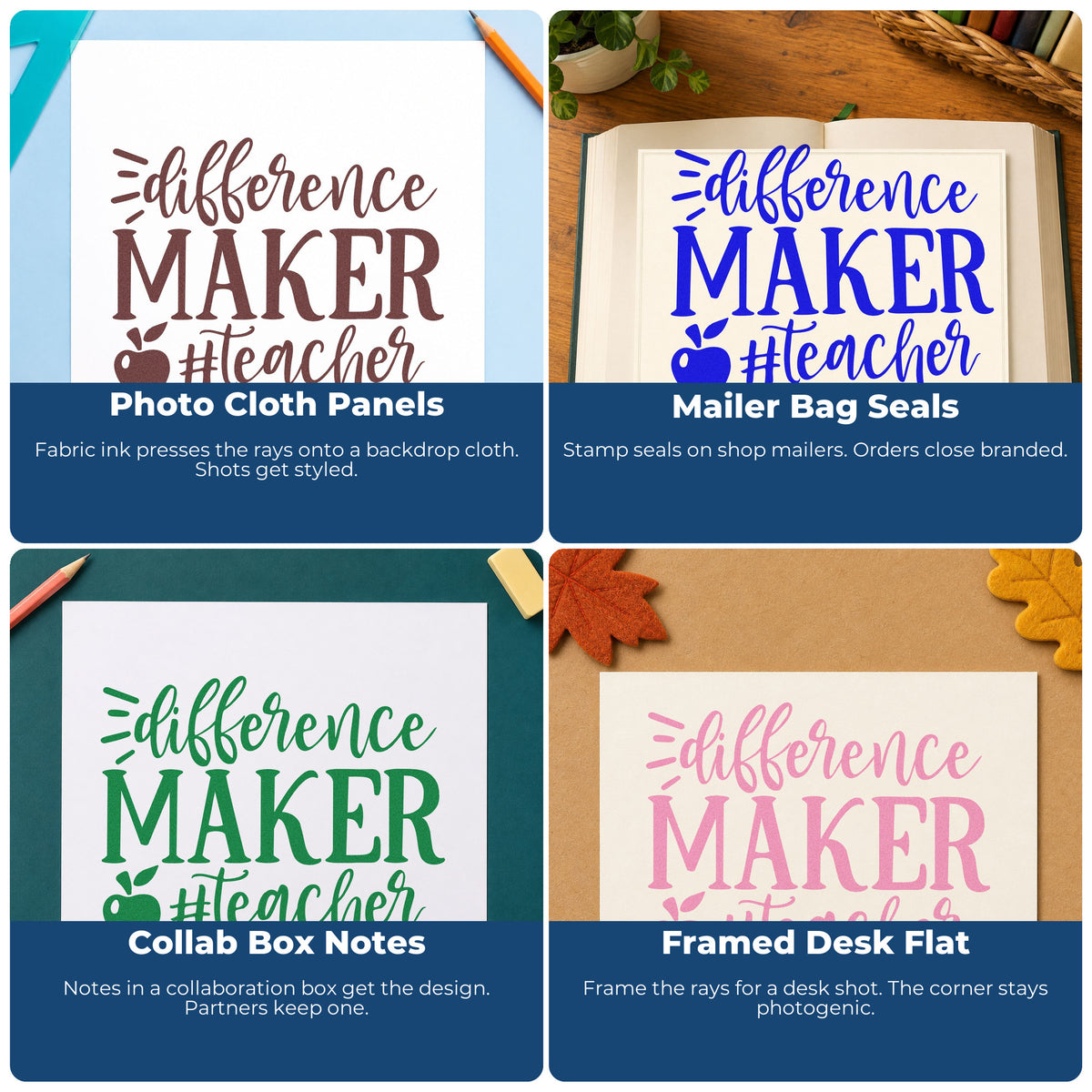 Four ways to use the Difference Maker Teacher Apple Slim Pre-Inked Stamp: photo cloth panels, mailer bag seals, collab box notes and framed desk flat.
