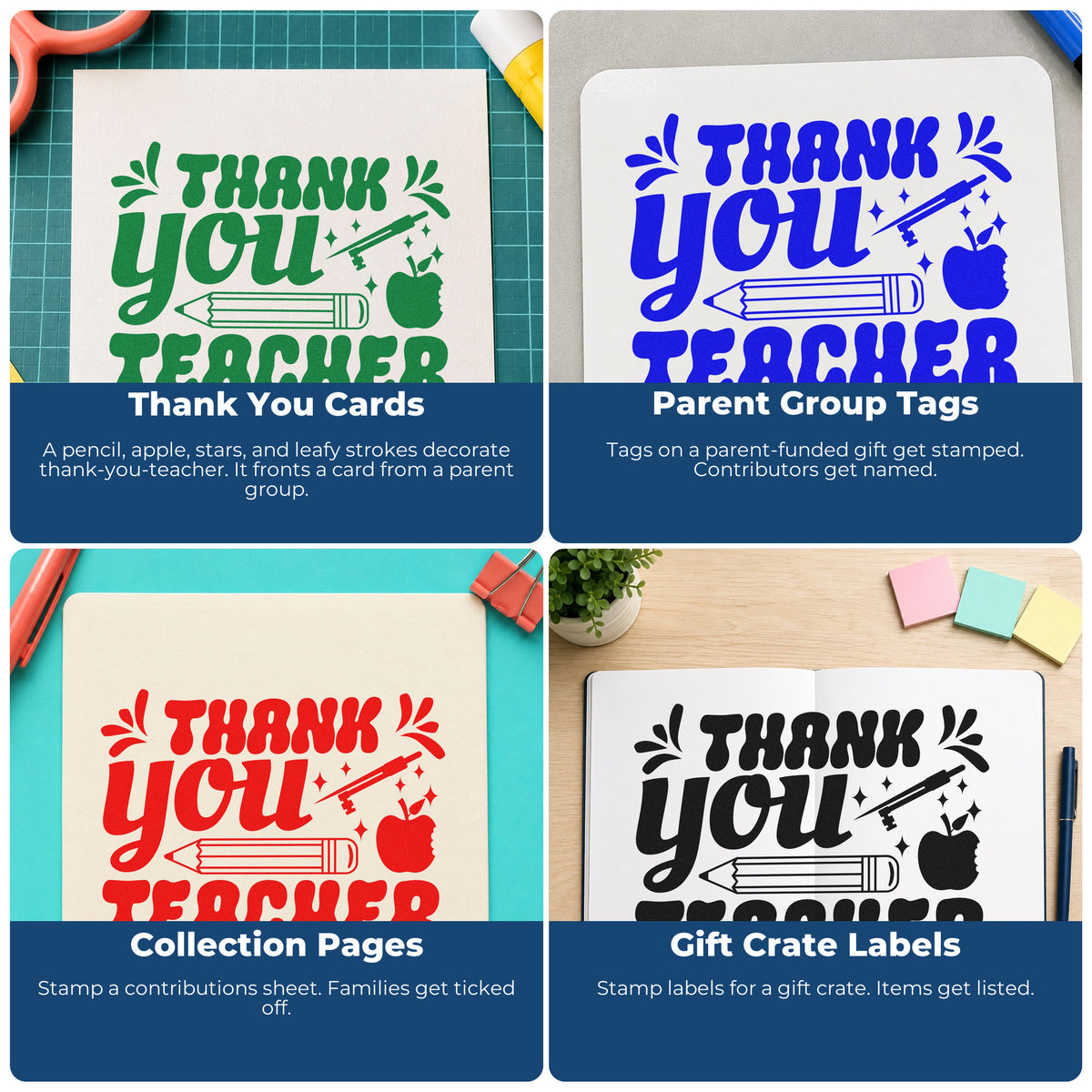 Four ways to use the Thank You Teacher Pencil Rubber Stamp – Wood Handle: thank you cards, parent group tags, collection pages and gift crate labels.