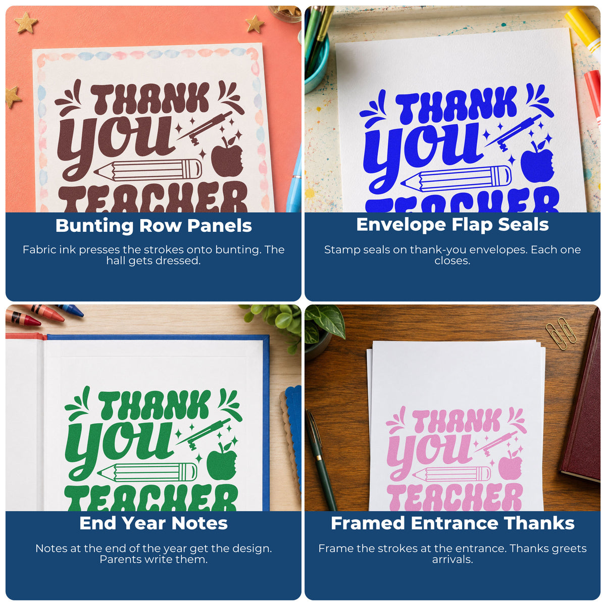 Four ways to use the Thank You Teacher Pencil Rubber Stamp – Wood Handle: bunting row panels, envelope flap seals, end year notes and framed entrance thanks.