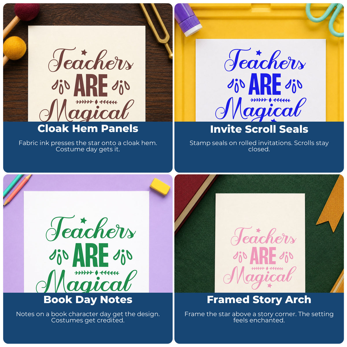 Four ways to use the Teachers Are Magical Leaf Accents Stamp – Wood Handle: cloak hem panels, invite scroll seals, book day notes and framed story arch.