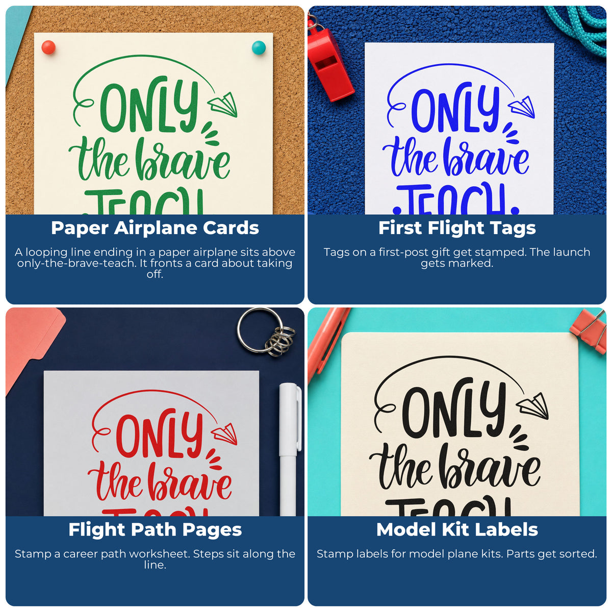 Four ways to use the Brave Teachers Paper Airplane Lettering PSI Pre-Inked Stamp: paper airplane cards, first flight tags, flight path pages and model kit labels.