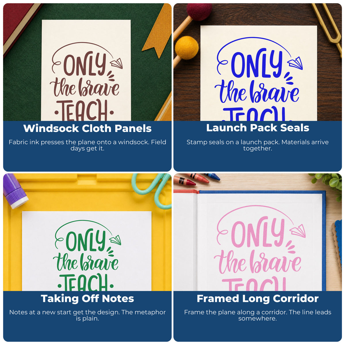 Four ways to use the Brave Teachers Paper Airplane Lettering Rubber Stamp – Duo Hand: windsock cloth panels, launch pack seals, taking off notes and framed long corridor.