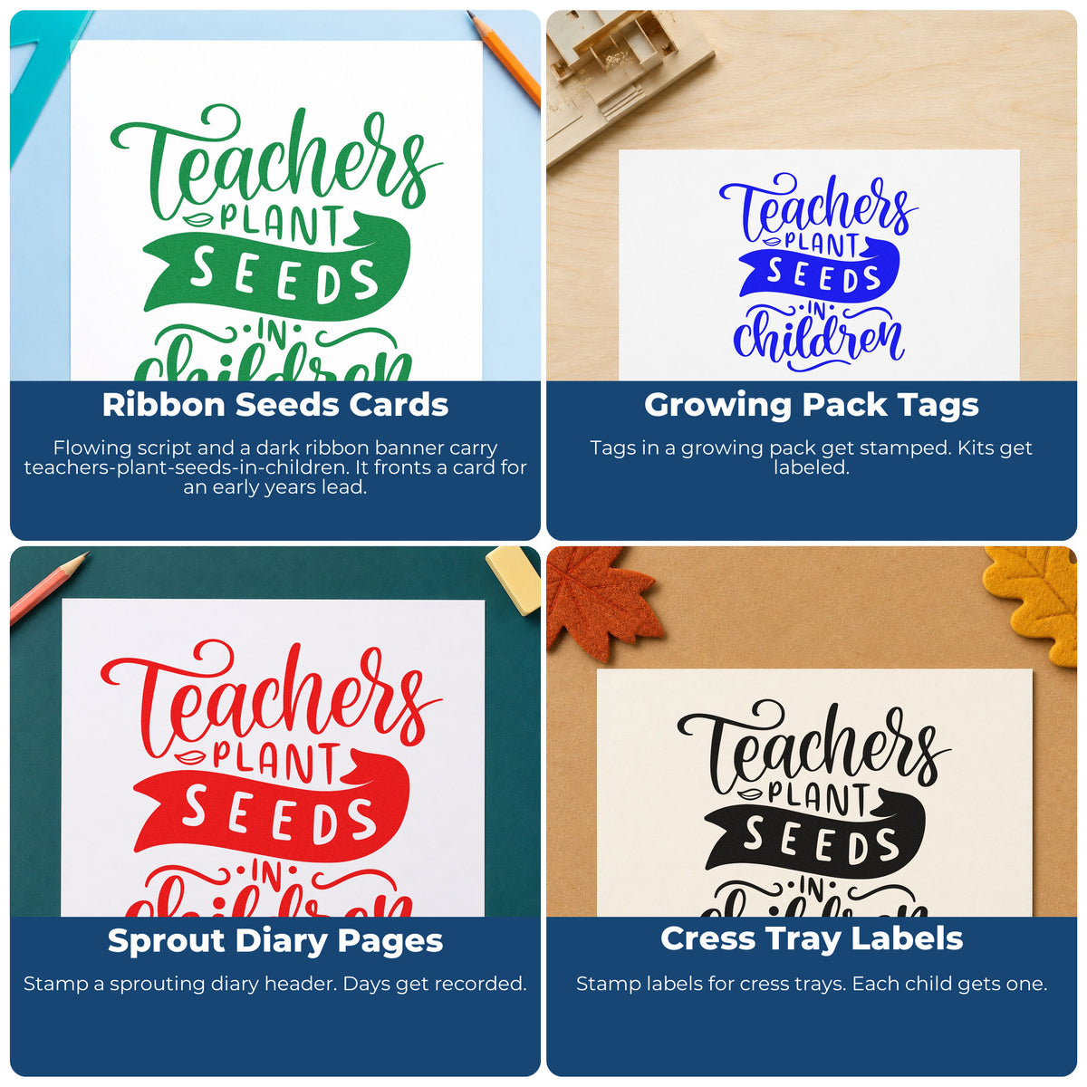 Four ways to use the Teachers Plant Seeds In Children Ribbon Lettering Stamp – PSI Pre-Inked: ribbon seeds cards, growing pack tags, sprout diary pages and cress tray labels.