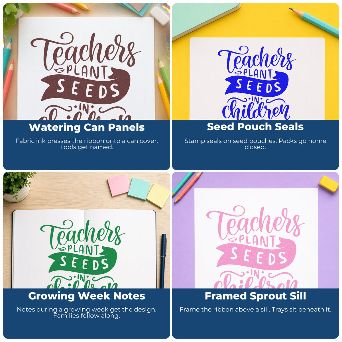 Four ways to use the Premium Wooden Teachers Plant Seeds In Children Ribbon Lettering Stamp - Vintage Pro: watering can panels, seed pouch seals, growing week notes and framed sprout sill.
