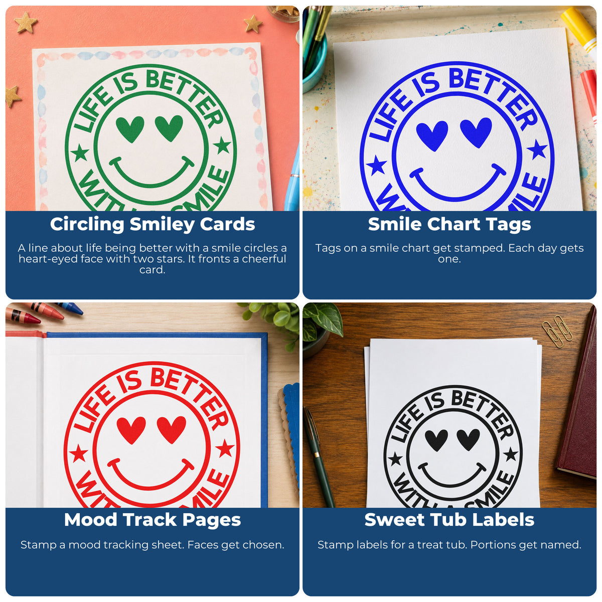 Four ways to use the Life Better Smile Round Badge Stamp – Slim Pre-Inked: circling smiley cards, smile chart tags, mood track pages and sweet tub labels.