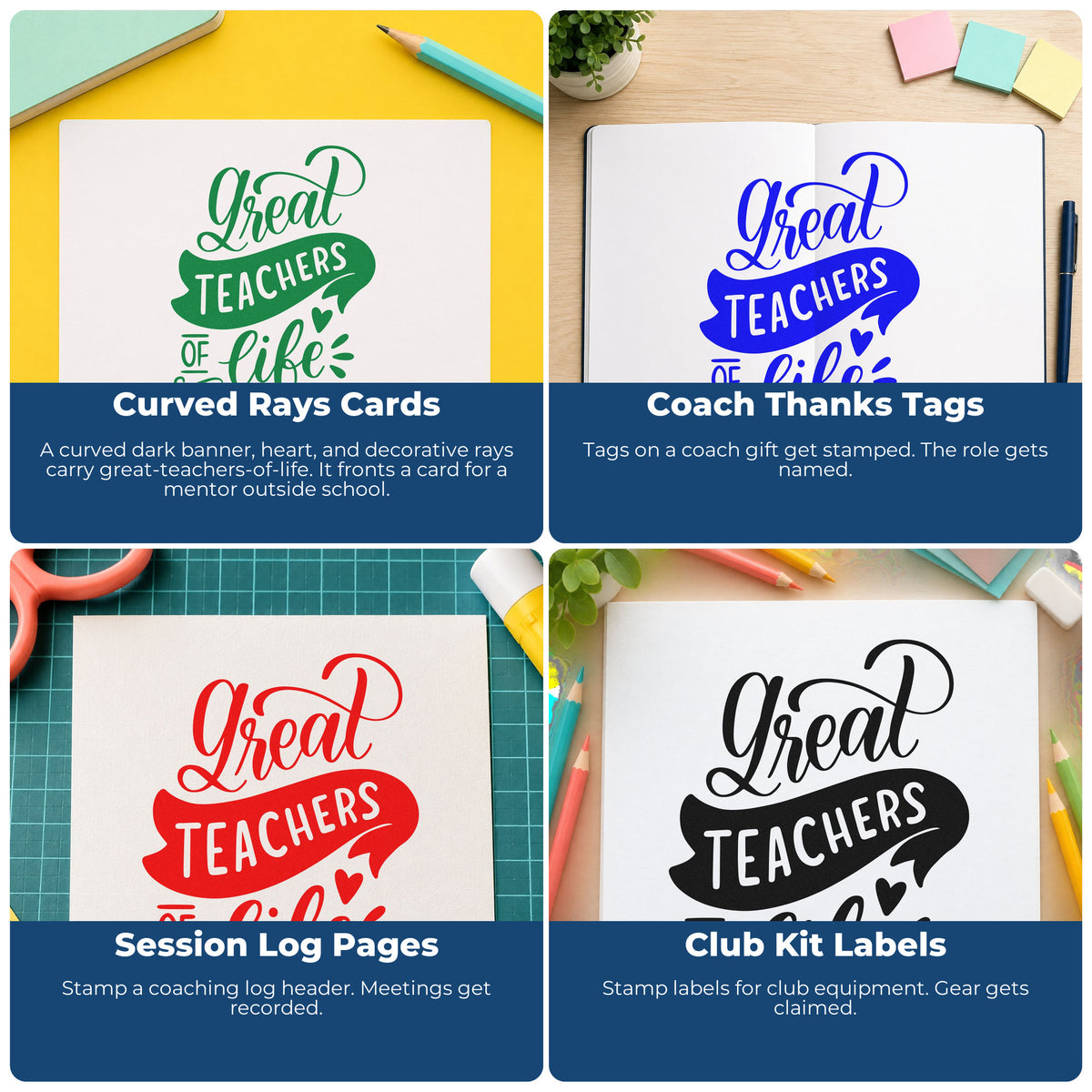 Four ways to use the Great Teachers Of Life Pre-Inked Stamp – Slim: curved rays cards, coach thanks tags, session log pages and club kit labels.