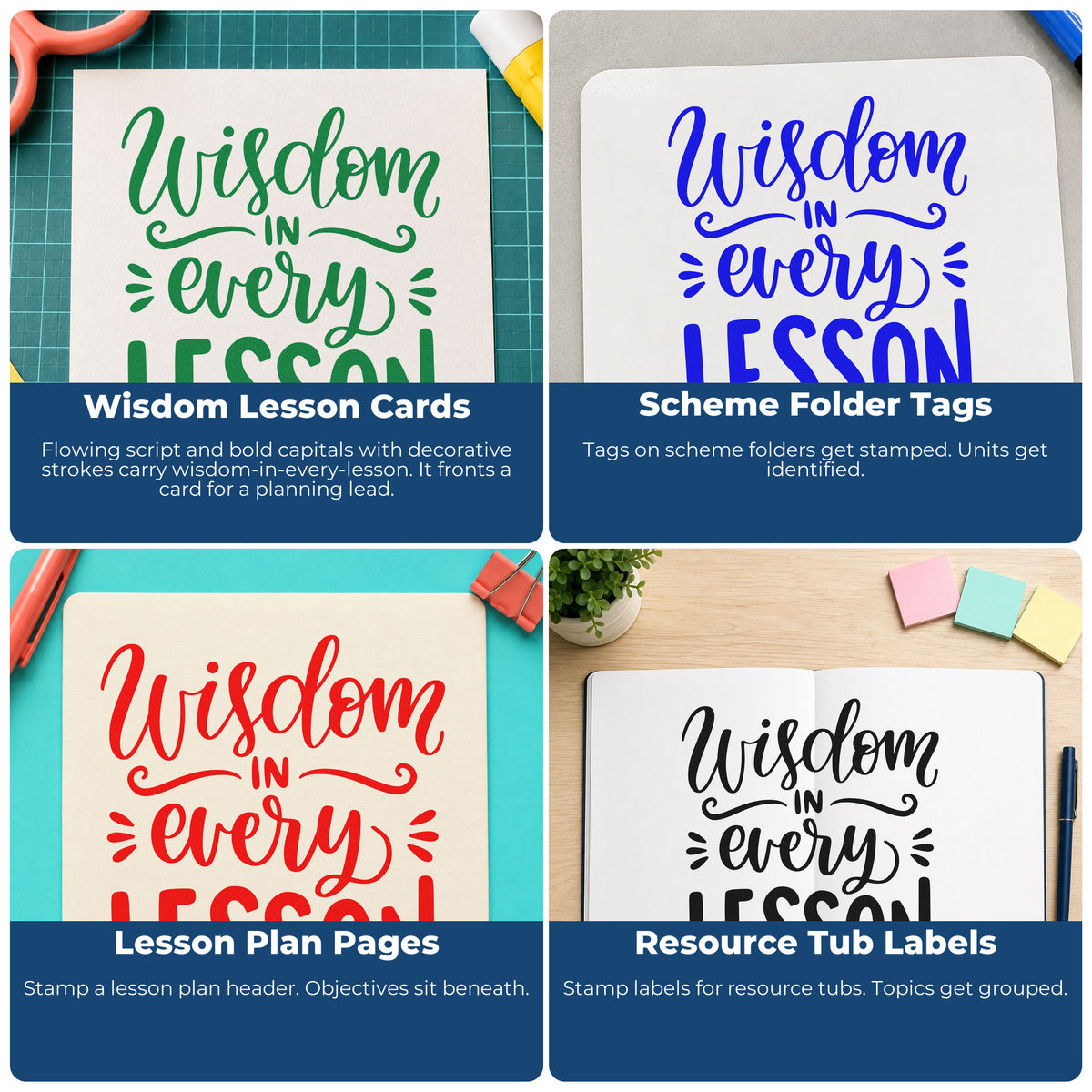 Four ways to use the Wisdom In Every Lesson Script Lettering Self-Inking Stamp: wisdom lesson cards, scheme folder tags, lesson plan pages and resource tub labels.